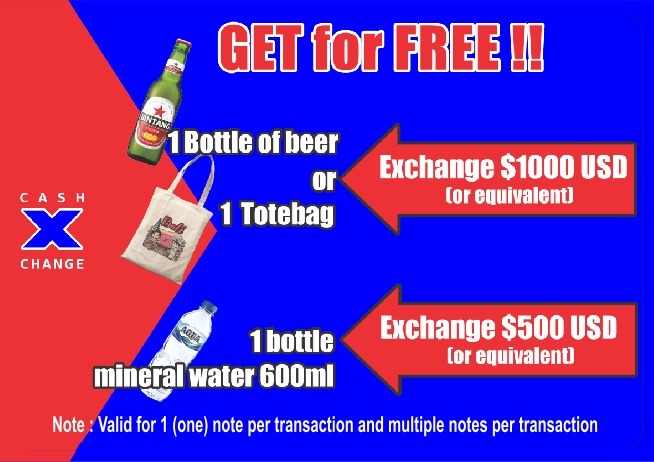Cash X Change promotion offering free merchandise and gifts for eligible foreign currency exchange transactions