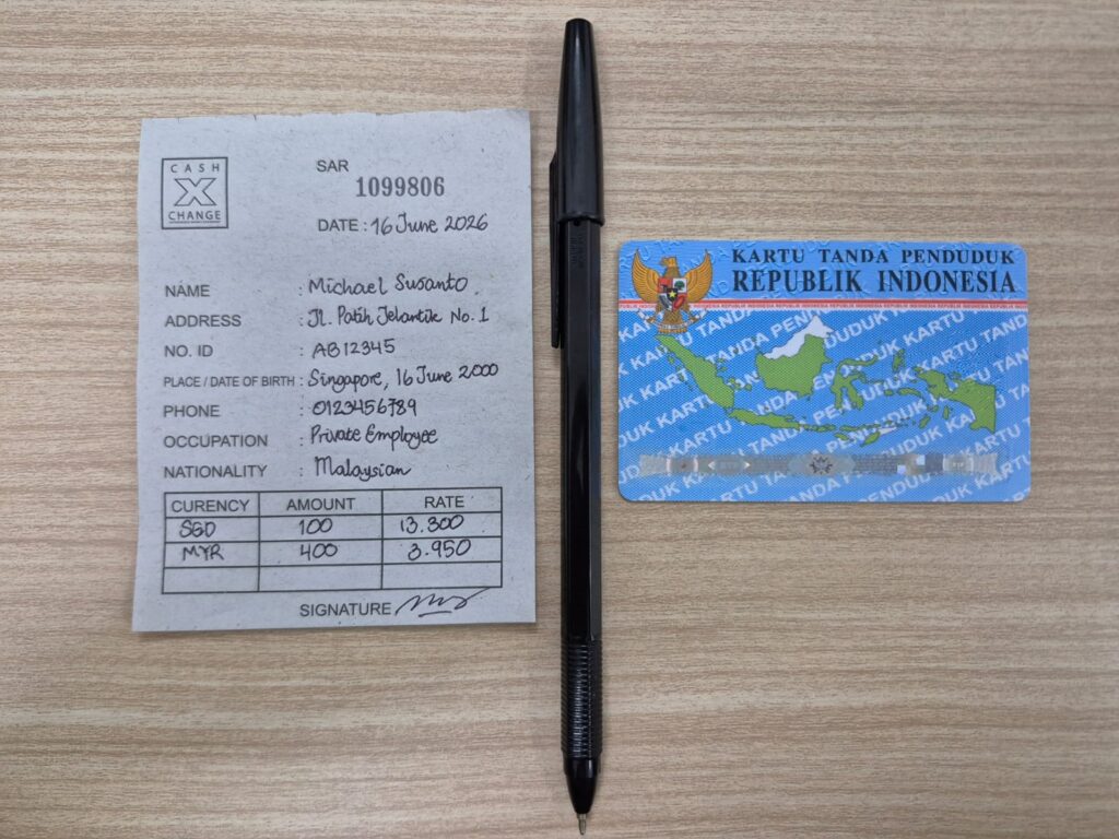 Customer registration form used by licensed money changers in Indonesia to verify identity and comply with financial regulations.