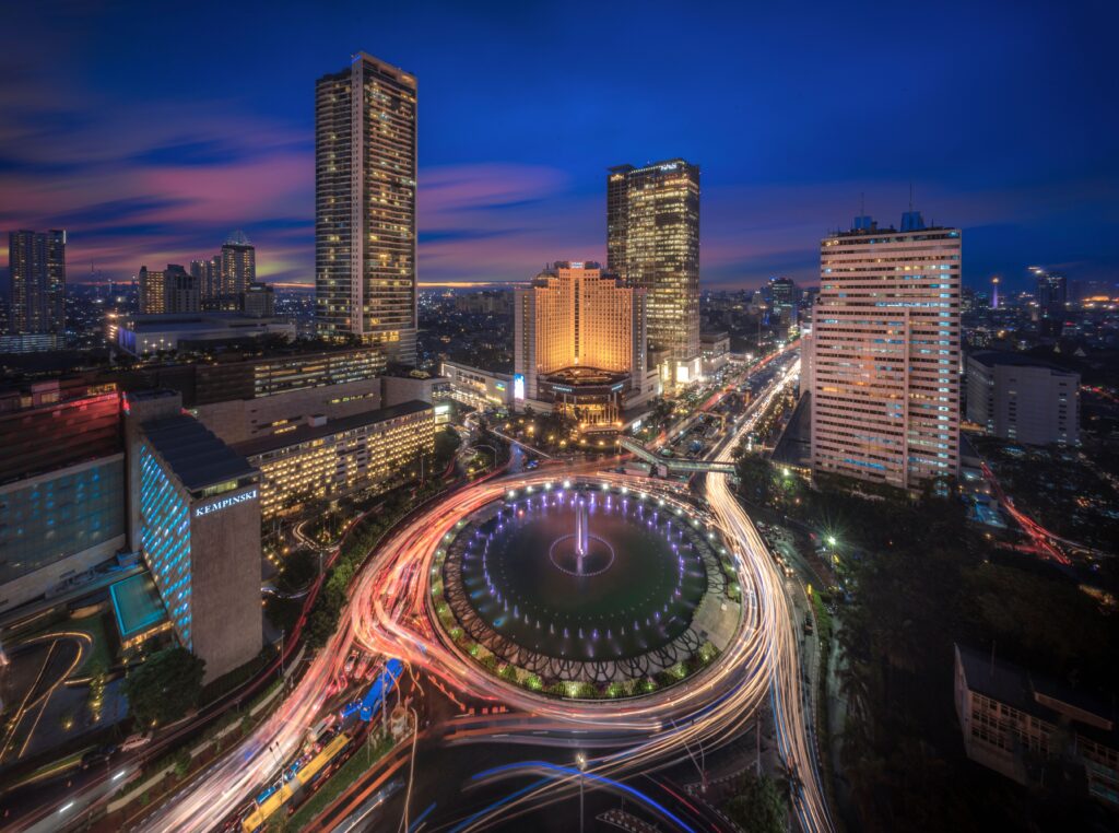 Jakarta's central business district at night, representing Indonesia's business environment, investment climate, and economic competitiveness.