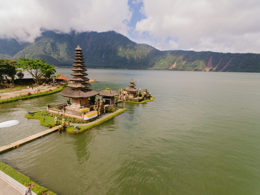 Scenic view of a Balinese temple on Lake Beratan in Bali, Indonesia