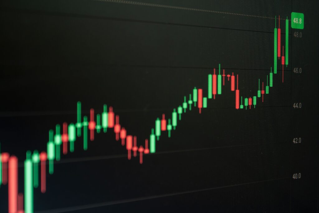Green candlestick chart trending upward as rupiah strengthens against US dollar