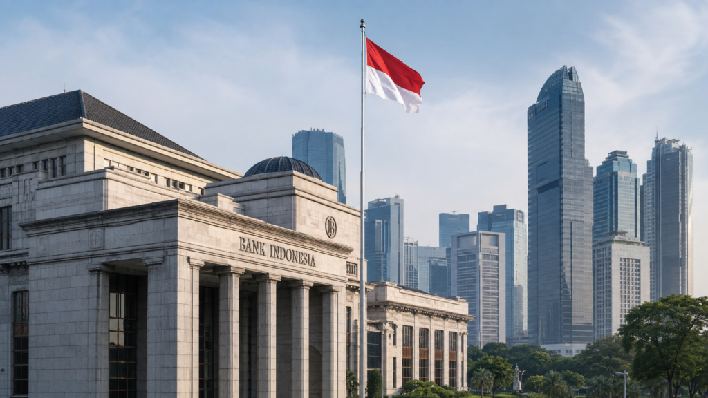 Bank Indonesia Independence 2026 represented by the Bank Indonesia building, Indonesian flag, and Jakarta financial skyline