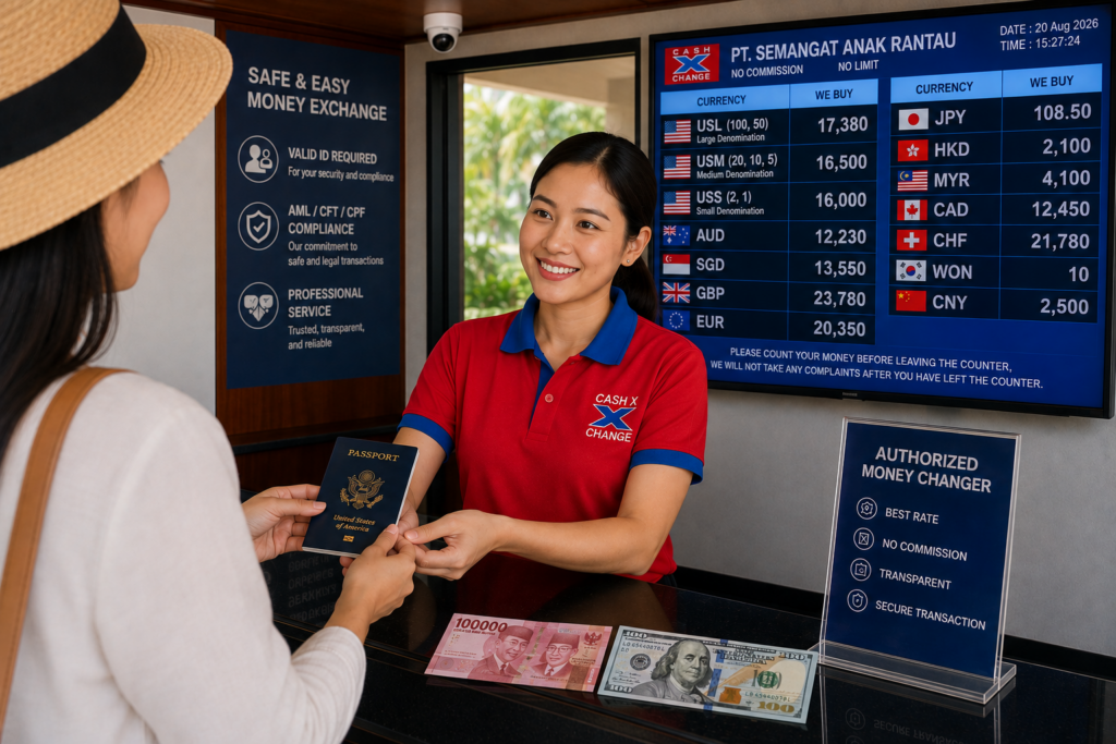 Exchanging Money in Indonesia with customer ID verification at an authorized money changer