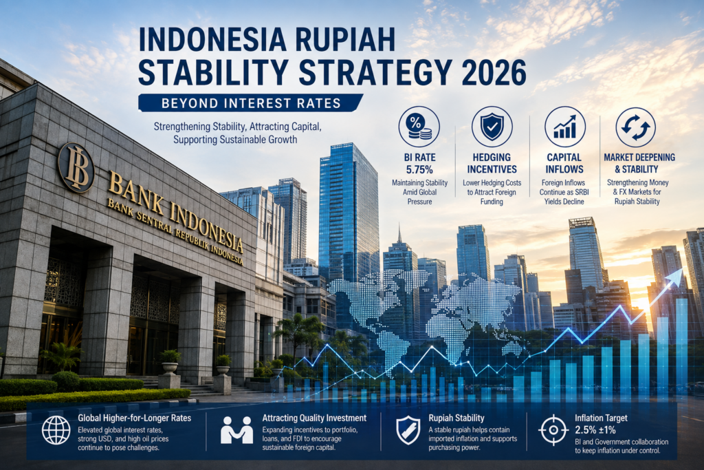 Indonesia Rupiah Stability Strategy 2026 illustrated by Bank Indonesia, Jakarta skyline, hedging incentives, and capital inflows