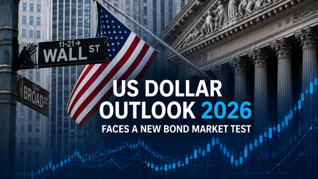 US Dollar Outlook 2026 illustrated by Wall Street, the US flag, and financial market charts