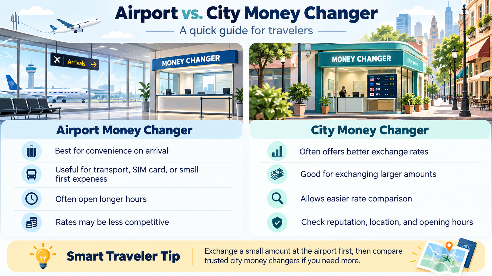 Airport vs. City Money Changer travel guide comparing convenience, exchange options, rate comparison, and practical tips for travelers