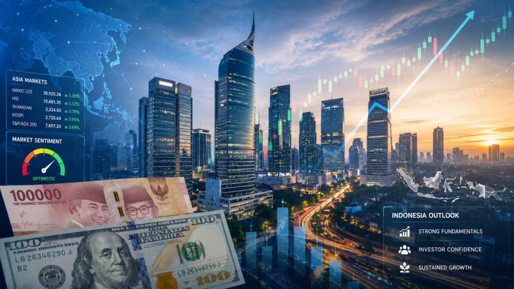 Modern city skyline with financial market chart illustrating Asia markets optimistic growth outlook in 2026.