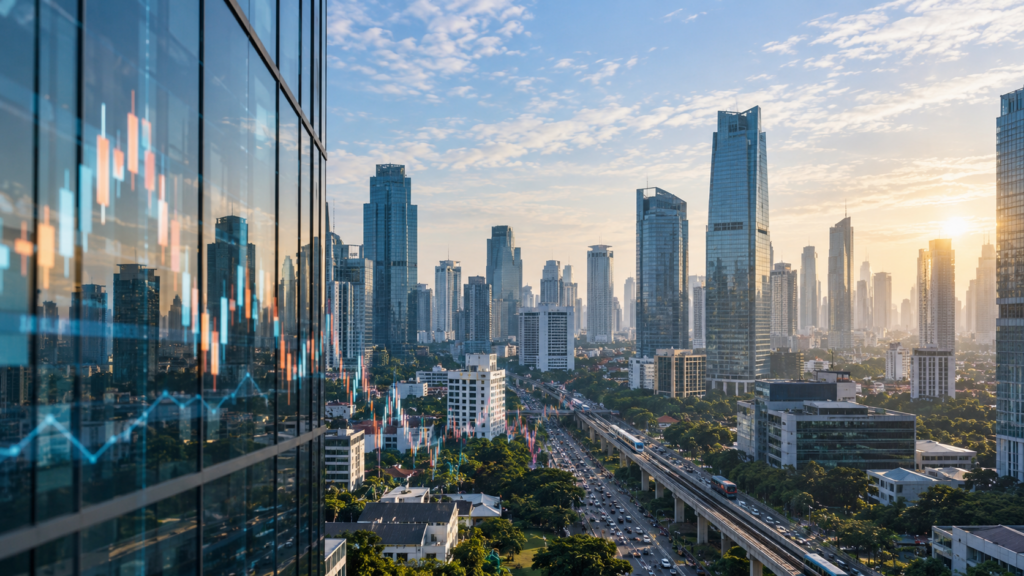 Asian Currency Divergence 2026 illustrated by Jakarta’s financial skyline, regional market volatility, and shifting Asian currency performance