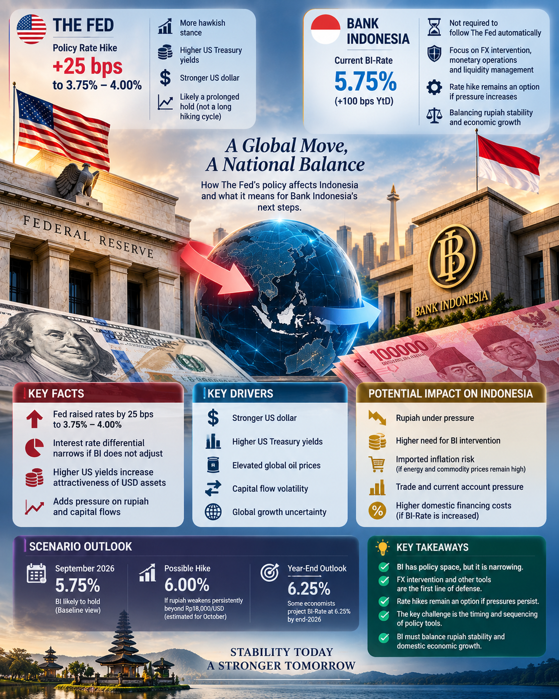 Bank Indonesia Policy Sequencing 2026 key facts covering the Fed rate hike, rupiah pressure, capital flows, FX intervention, inflation risk, and BI-Rate scenarios