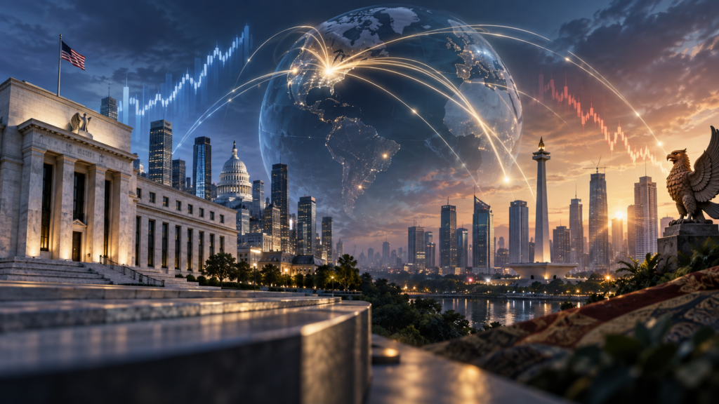 Global Portfolio Repricing 2026 illustrated by Federal Reserve tightening, global capital flows, US Treasury yields, and rupiah market pressure