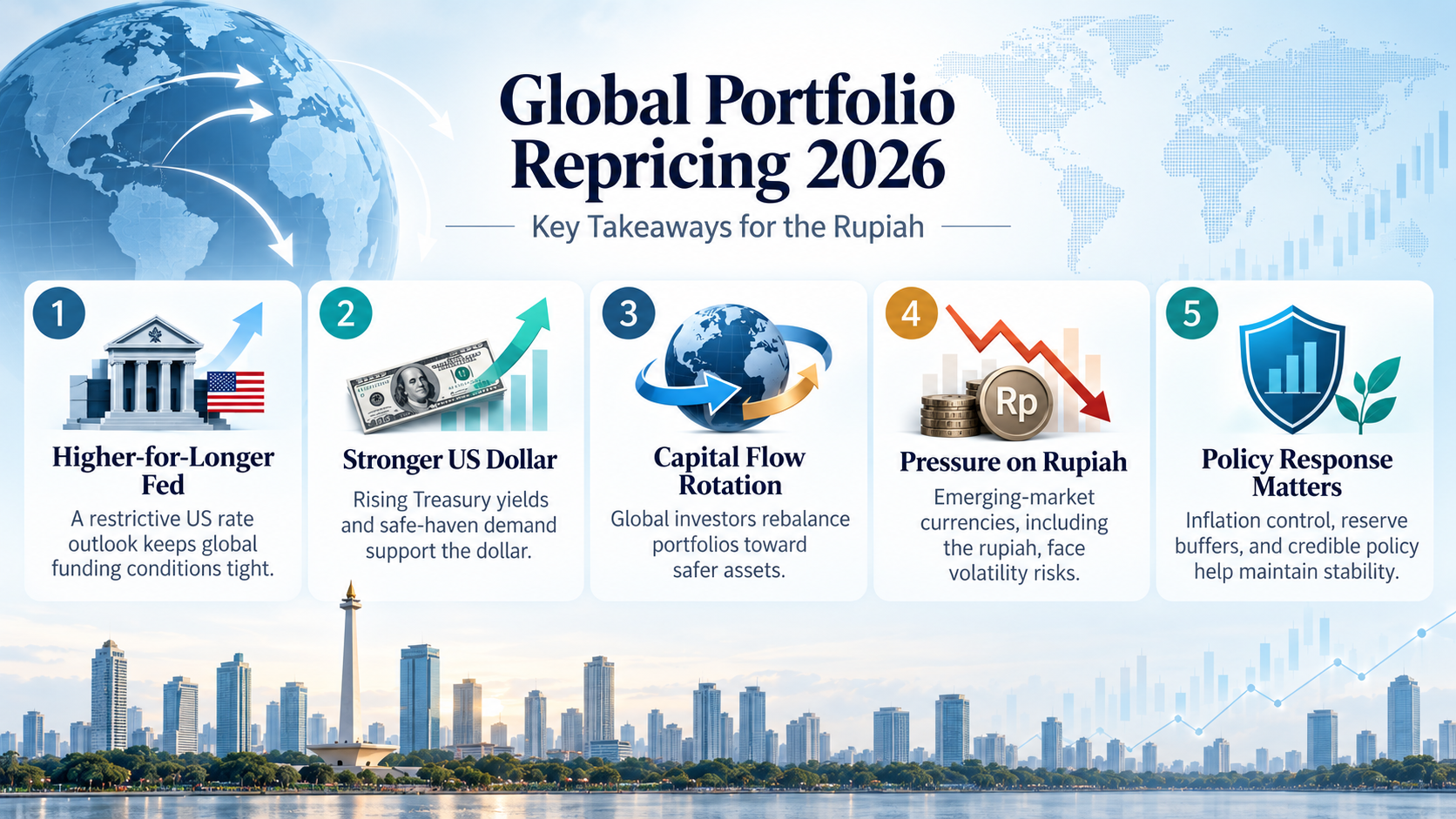 Global Portfolio Repricing 2026 key takeaways covering higher-for-longer Fed policy, stronger US dollar, capital flow rotation, rupiah pressure, and policy response