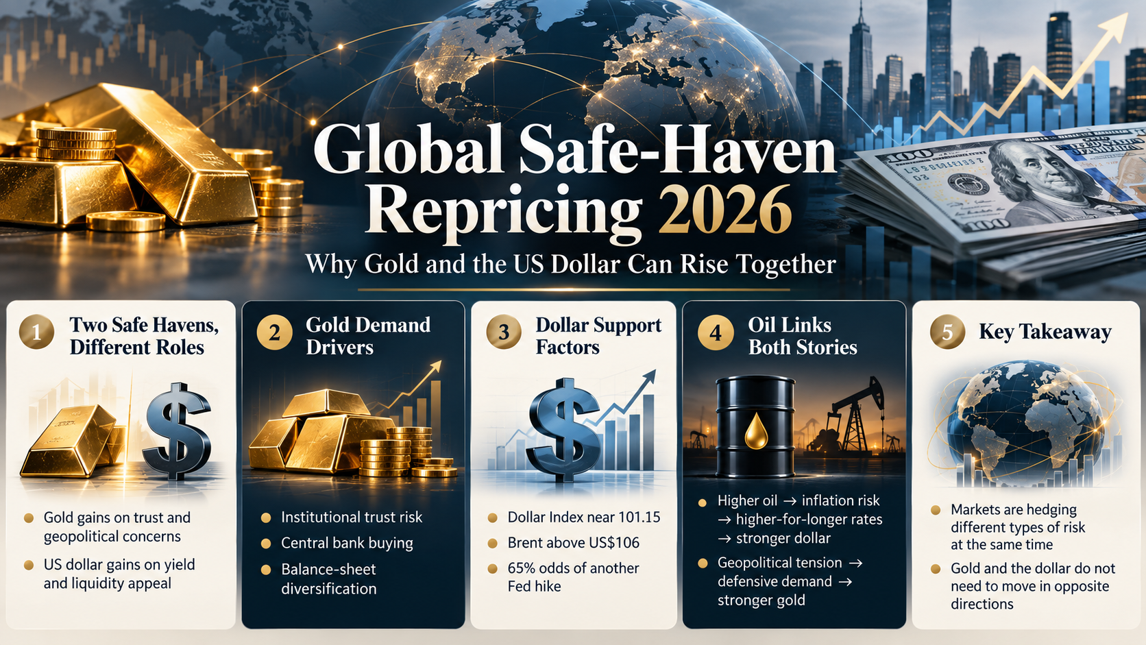 Global Safe-Haven Repricing 2026 infographic showing key factors behind stronger gold prices and a resilient US dollar