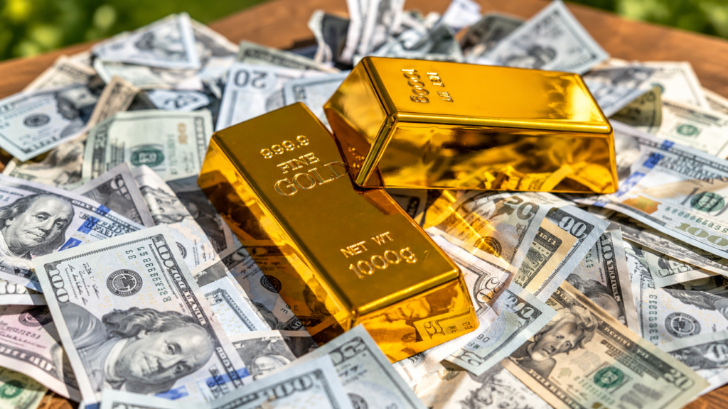 Gold bars placed on US dollar banknotes, illustrating the relationship between gold prices and the US dollar.