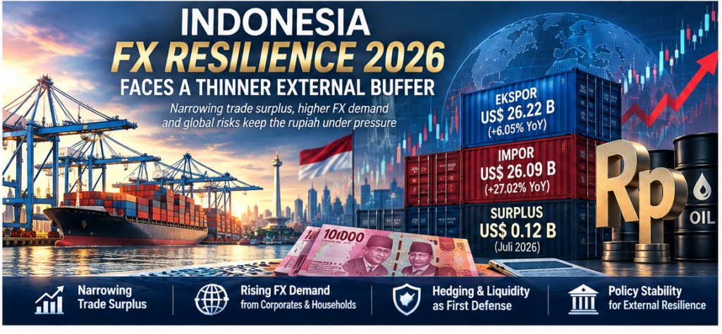 Indonesia FX Resilience 2026 illustrated by trade activity, rupiah pressure, rising imports, oil prices, and global market risks