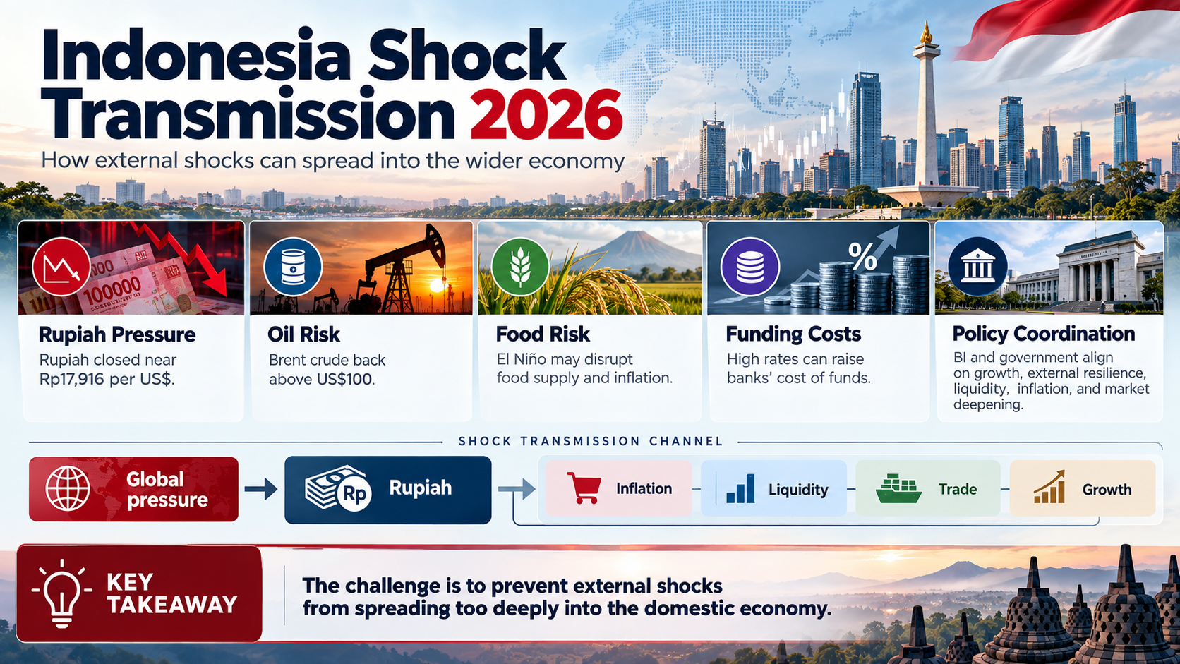 Indonesia Shock Transmission 2026 infographic showing Bank Indonesia policy transmission, rupiah stability, inflation pressures, and external market risks