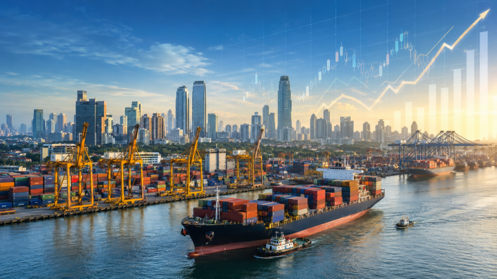 Indonesia Trade Resilience 2026 illustrated by container shipping, port activity, exports, imports, and economic growth