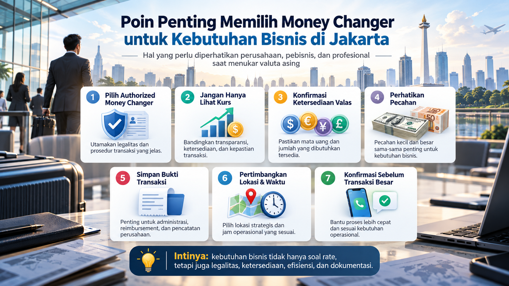Infografik poin penting memilih money changer untuk kebutuhan bisnis di Jakarta, meliputi legalitas, kurs, ketersediaan valas, pecahan uang, bukti transaksi, lokasi, dan konfirmasi transaksi besar.