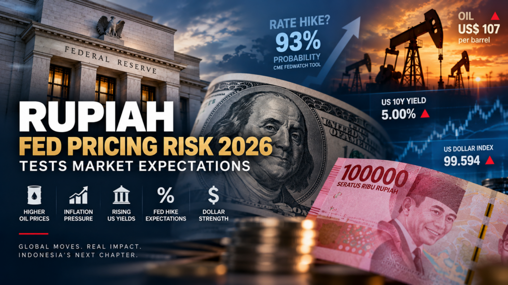 Rupiah Fed Pricing Risk 2026 illustrated by Fed hike expectations, higher oil prices, rising US Treasury yields, dollar strength, and rupiah pressure