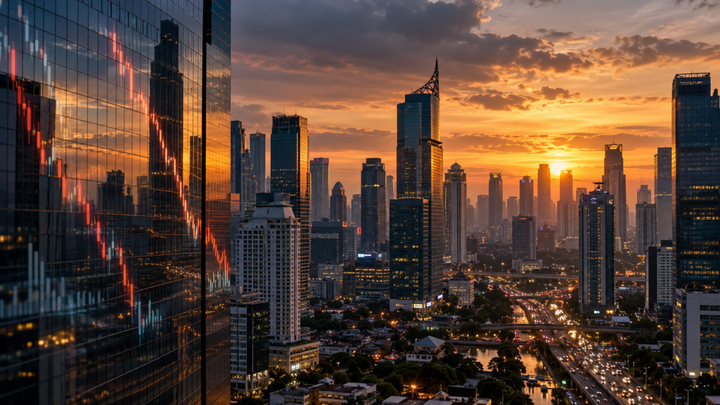 Rupiah FX Liquidity Stress 2026 represented by Jakarta’s skyline and financial market volatility reflecting pressure on the Indonesian rupiah