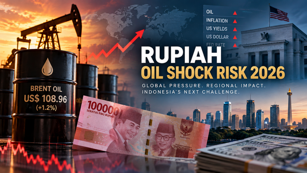 Rupiah Oil Shock Risk 2026 illustrated by rising Brent oil prices, inflation pressure, US yields, dollar strength, and rupiah volatility