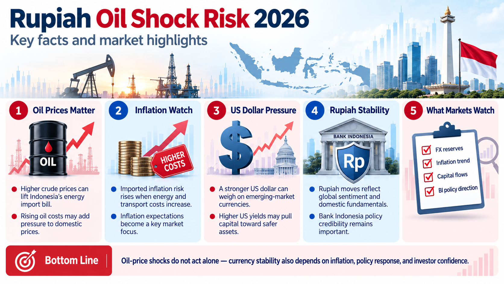 Rupiah Oil Shock Risk 2026 key facts covering higher oil prices, inflation pressure, US dollar strength, rupiah stability, and market risks