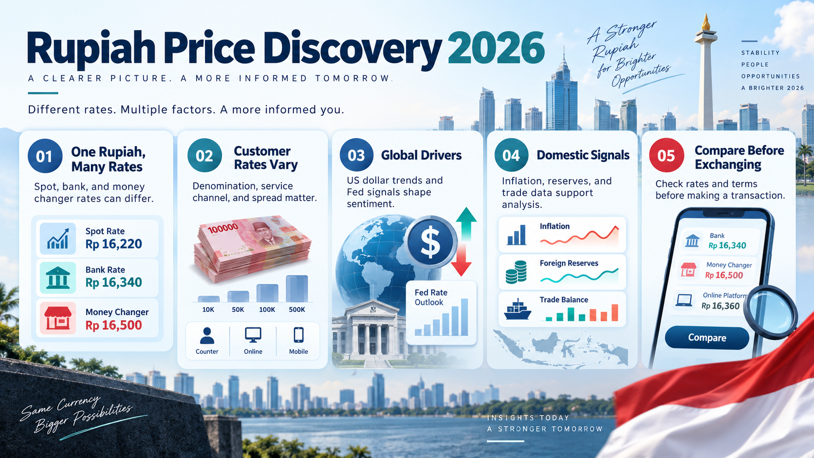 Rupiah Price Discovery 2026 infographic showing key factors affecting Indonesia rupiah movement