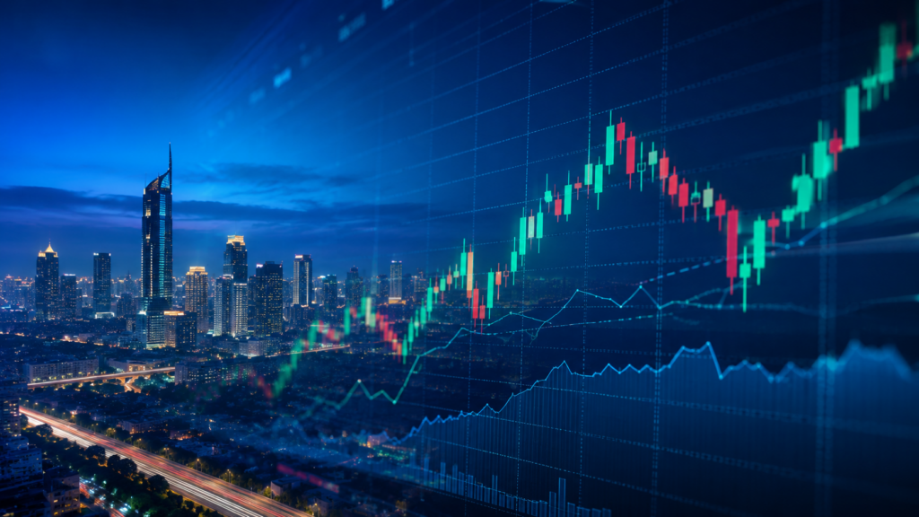 Rupiah Relief 2026 illustrated by Jakarta skyline, financial market charts, and shifting global rate expectations