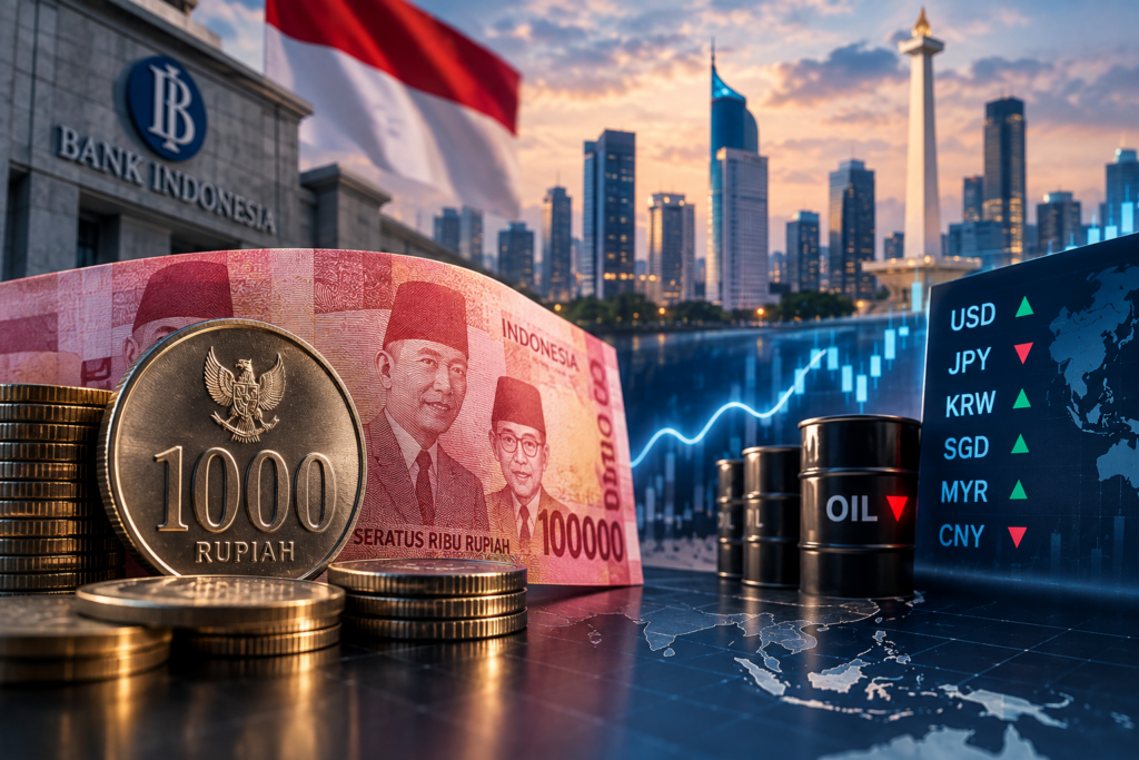 Rupiah Repricing Balance 2026 illustrated by Bank Indonesia, rupiah market recovery, Asian currency movements, and shifting global financial conditions