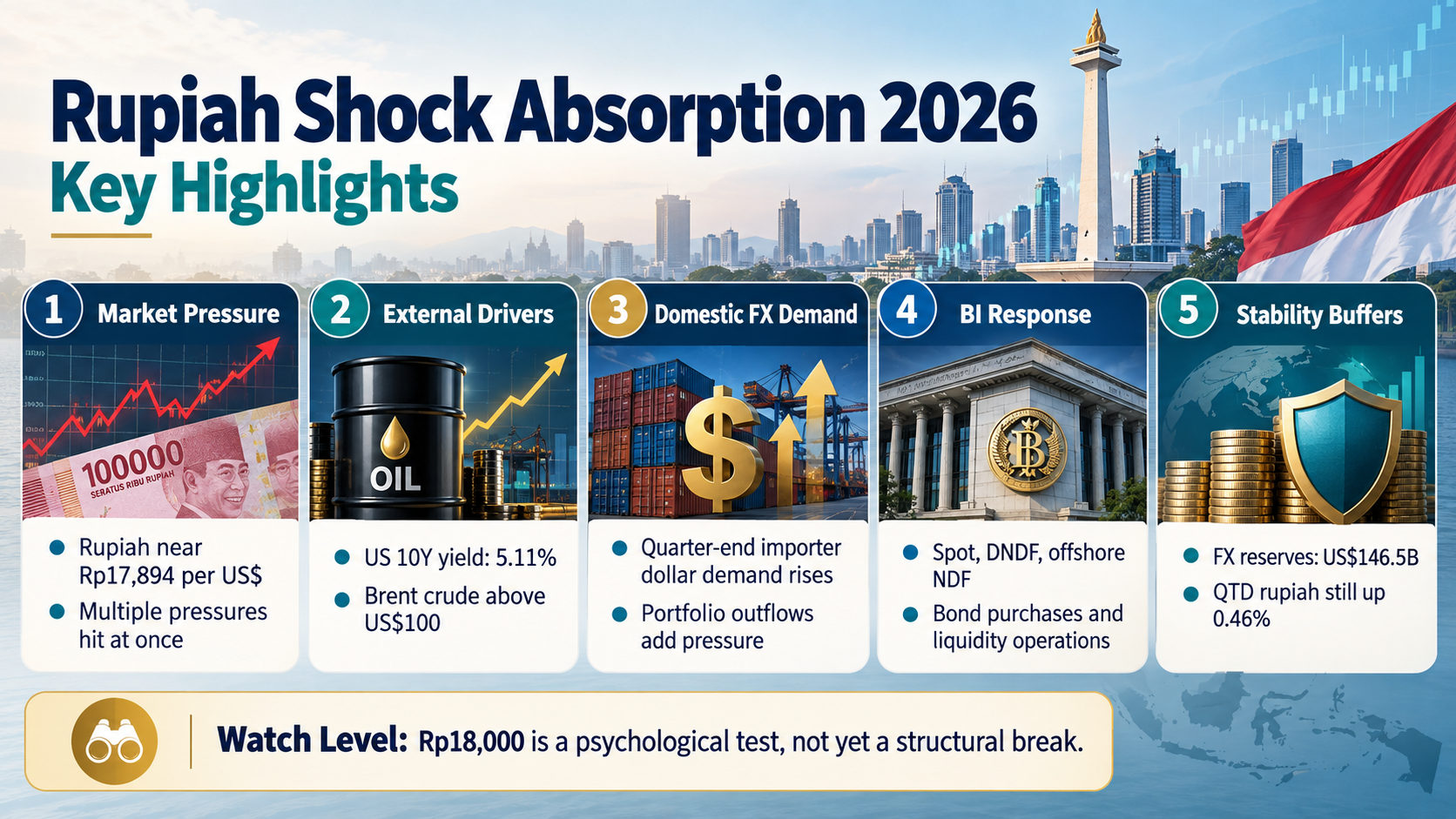 Rupiah Shock Absorption 2026 key highlights covering market pressure, US Treasury yields, oil prices, importer FX demand, BI intervention, and reserve buffers