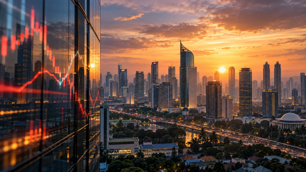 Rupiah Structural Sensitivity 2026 represented by Jakarta's skyline and financial market volatility reflecting external pressure on Indonesia's economy