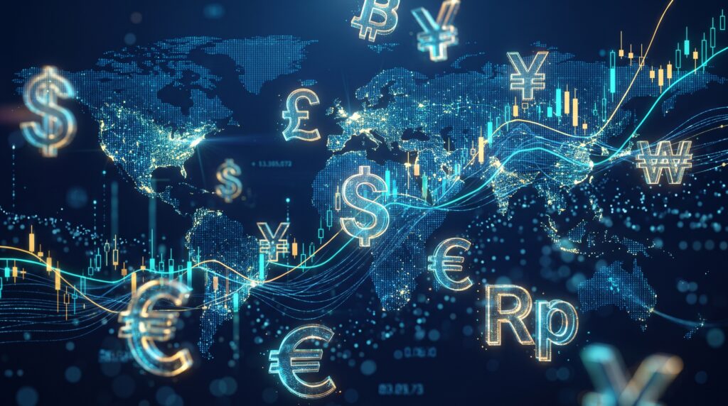 Abstract visualization of global finance highlighting US dollar dominance in Asian forex markets.