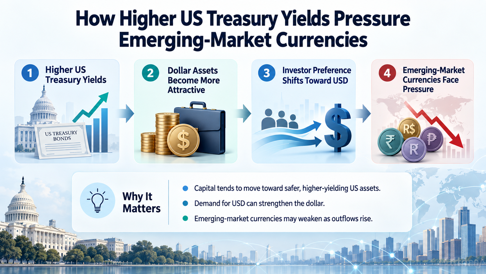 How higher US Treasury yields make dollar assets more attractive and pressure emerging-market currencies