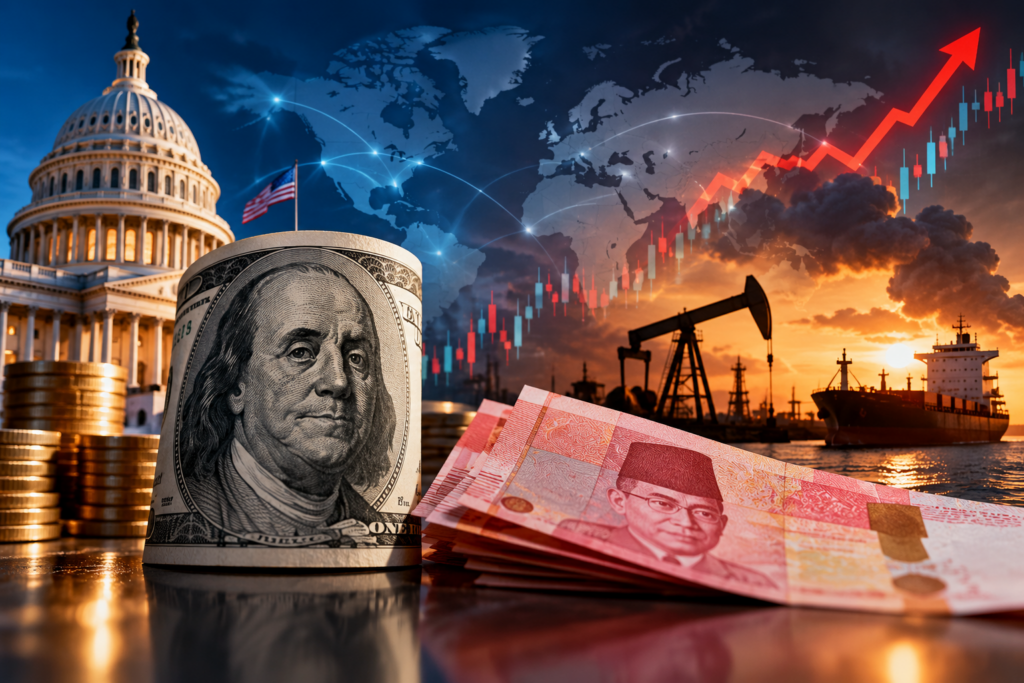 Rupiah Strong Dollar Cycle 2026 represented by US dollar strength, rupiah pressure, oil markets, and global financial volatility
