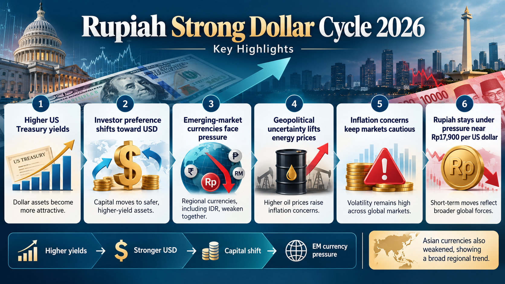 Rupiah Strong Dollar Cycle 2026 key highlights showing higher US Treasury yields, stronger dollar demand, emerging-market currency pressure, energy risks, and rupiah weakness